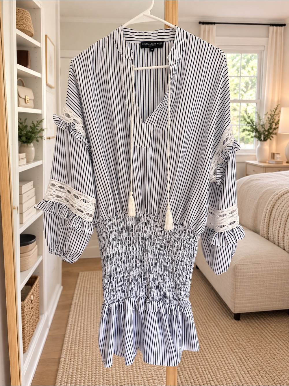 Central Park West White & Navy Vertical Stripe Smocked Mini Dress